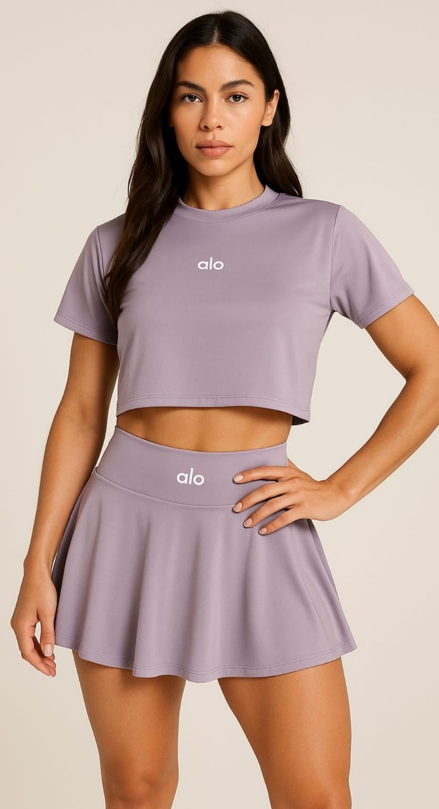 Deportivo Alo: Crop Top y Falda-Short Lila